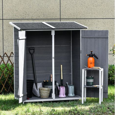 Cobertizo de jardín de madera gris y blanco, 2 puertas, techo bituminoso, 139 x 75 x 160 cm (1/5)