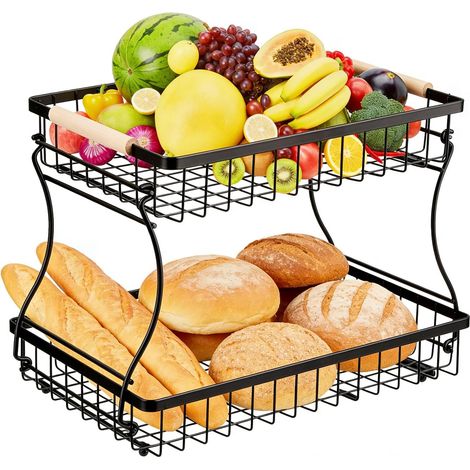 1 Corbeille à Fruits 2 Étages en Métal, Poignées en Bois, Noir, pour Cuisine et Salle de Bain