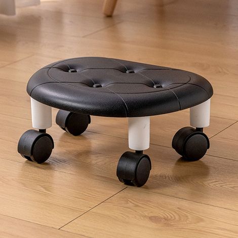 Tabouret bas rond à roulettes en similicuir, avec roulettes universelles, petit tabouret pivotant à roulettes haute capacité pour la maison, noir (1/5)