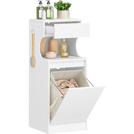 Meuble bas de salle de bain blanc avec panier à linge – 1 tiroir – Panneau de particules – Dimensions 40x40x100 cm (1/5)