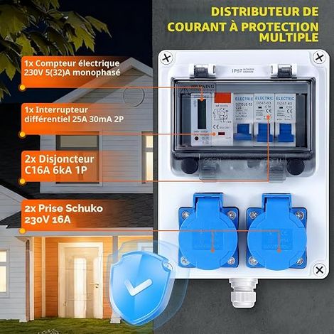 Répartiteur mural pré-câblé compteur d'électricité répartiteur de courant construction disjoncteur FI LS 2 prises Schuko 230 V boîtier étanche IP67 boîte de distribution (1/4)