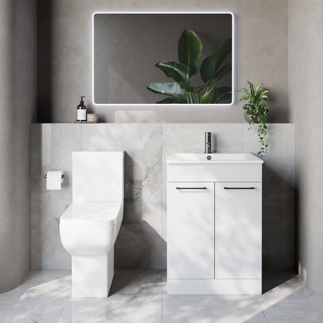 Napoli 460 Gloss White 600mm 2 Door Vanity Unit and Tacoma Comfort Height Toilet Suite with Angel Basin - 600mm - Gunmetal Grey 160mm Handle