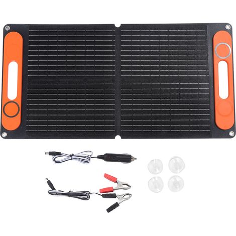 Ortviai Panneau Solaire Pliable 80 W avec Clips Batterie et Chargeur Voiture, USB Double et Sortie 12 V, Gris