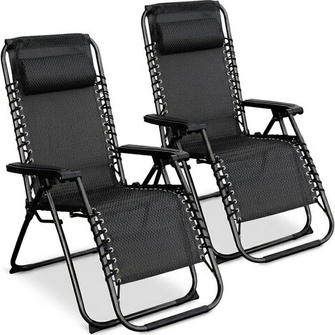 Liegestuhl mit Kopfkissen 2er Set 178 cm klappbar - anthrazit - Garten Relax Liege mit stufenlos verstellbarer Rückenlehne und Fußteil