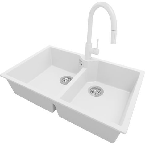 PRIMAGRAN Evier Cuisine en Granit 78x50cm, Lavabo 2 bacs + Robinet 40x20cm + Kit de Vidage, Évier à Encastrer au meuble 80cm - Madrid Twin, Blanc