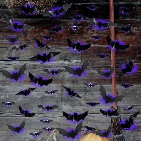 36 pièces Chauves-souris Halloween LED 3D, violettes, décor mural et fenêtre, pour intérieur/extérieur (1/5)