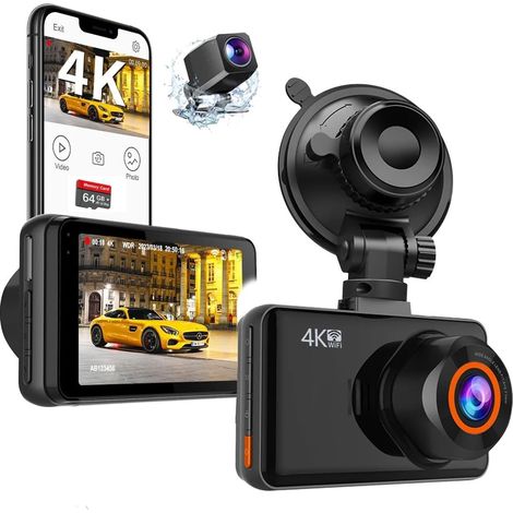 Dash Cam anteriore e posteriore, doppia telecamera per auto 4K/1080P con Wi-Fi, schermo IPS Full HD da 3 pollici, controllo tramite app (nero)