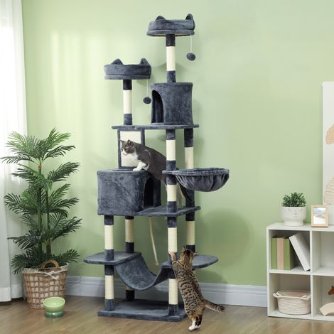 Arbre à chat 206 cm avec grotte, 2 balles de jeu, poteaux en sisal, plateforme pour grands chats, gris foncé (1/5)