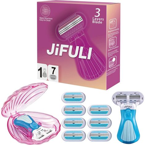 Rasoir Intime Pour Femme, Manche Court Compact, 7 Têtes de Rechange, Boîtier de Rangement en Forme de Coquillage, Idéal Pour Le Voyage, Rasoir Intime Maillot Surete Jetable Lame Femme (Bleu) (1/3)