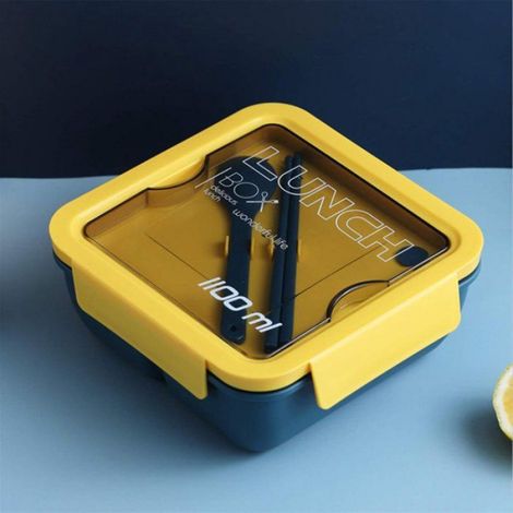 1 Boîte à lunch, étanche, avec cuillère et baguettes, carrée, bleue et jaune, pour bureau et école (1/5)