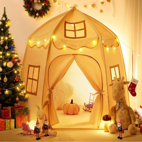 Tente Enfant Forteresse - Cabane Enfant Intérieure avec Lumières, Grand Espace de Jeu et Structure Stable - Idéal Cadeau pour Filles et Garçons (Beige) (1/5)