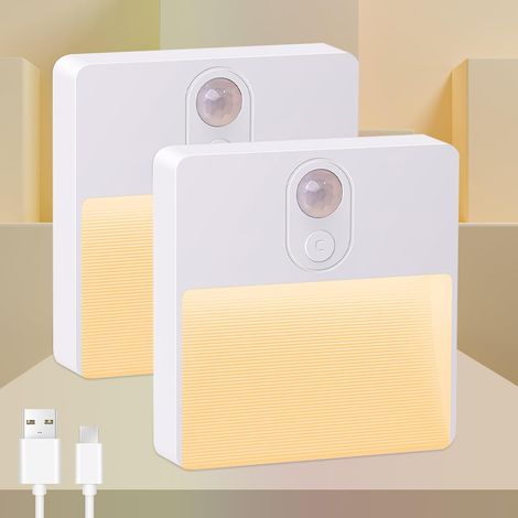 Lampe De Nuit LED Avec Détecteur De Mouvement Intérieur Batterie USB Rechargeable 3 (AUTO/ARRÊT/ON) Lumière Pour Couloir Escalier Chambre Chambre D'Enfant Blanc Chaud (2 Pièces) (1/5)