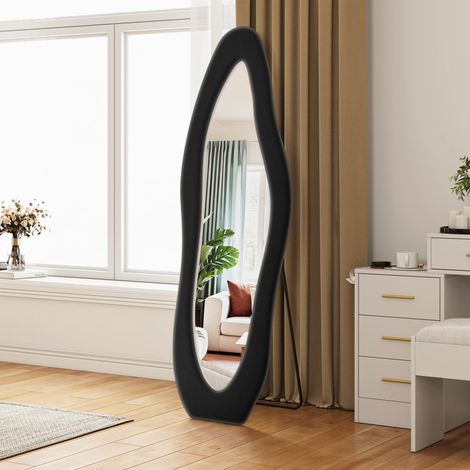 Miroir sur pied asymétrique 160x50 cm - Miroir corps entier design ondulé avec revêtement flanelle - Noir (1/5)
