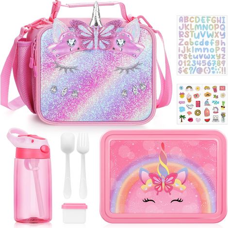 3PCS Lunch Box Enfant Set,Sac à Lunch Isolation Enfants, Bento Box avec Compartiments, Bouteille d'eau,Sans BPA, Boîte à Repas pour Fille (1/5)