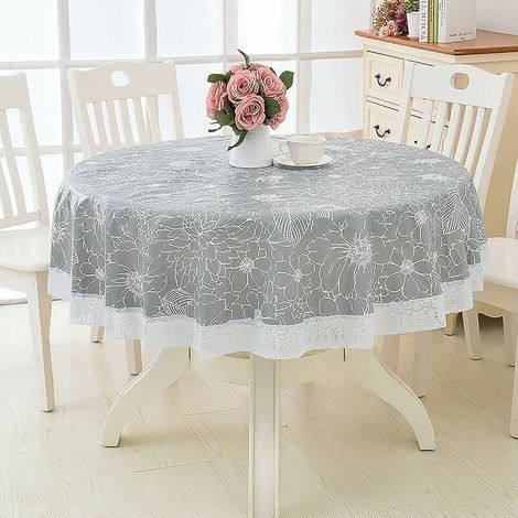 Nappe ronde en toile cirée PVC à motif dentelle florale, imperméable et antitache, idéale pour la salle à manger, le jardin, un café ou une fête (grise, 200 cm). (1/5)