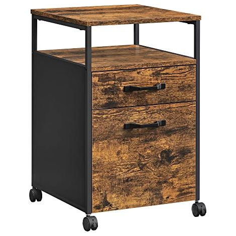 Classeur à 2 tiroirs, classeur roulant, compartiment ouvert, cadre en acier, style industriel, marron rustique et noir OFC71X (1/5)
