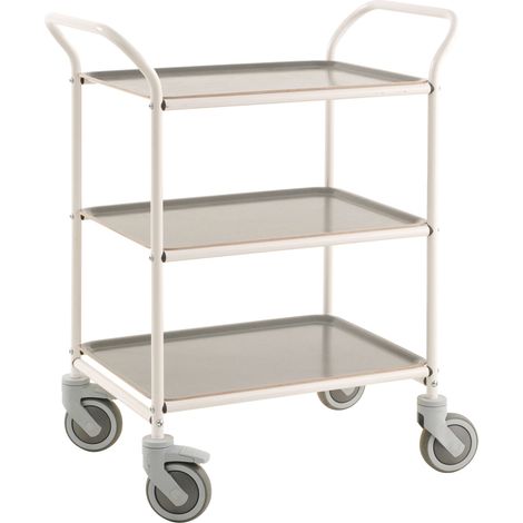 Kongamek Tablettwagen 770x495x960mm weiß pulverbeschichtet mit Bremse und 3 Tabletts in grau