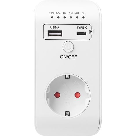Prise minuterie programmable 6 heures – Ports USB et Type-C – Fonction d'arrêt automatique – Sécurité enfant intégrée – Pour appareils électroniques