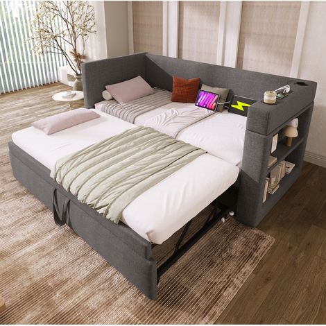 CHICFURN Divano letto 90x190 cm grigio effetto lino con letto estraibile, USB, senza materasso (1/5)