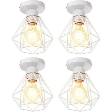 Lot de 4 plafonniers Stoex style industriel vintage, design rétro, cage en fer forgé à motif diamant, douille E27, lampe de plafond en métal pour cuisine, salon, chambre (blanc) (1/5)
