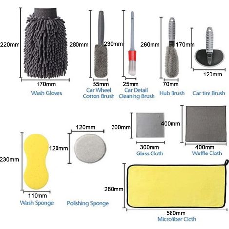 Kit d'outils de nettoyage de lavage de voiture, 12 pièces, brosse de moyeu de roue de pneu d'automobile, gants de lavage en microfibre, serviette et éponge de polissage pour le toilettage (1/5)