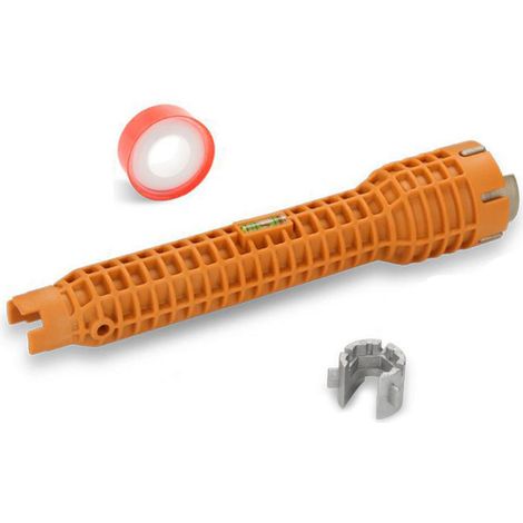 Multifunktionales Werkzeug zur Armaturenmontage: Armaturenschlüssel aus Stahl mit rutschfestem ABS-Griff und PTFE-Band für einseitig geschraubte Armaturen. (1/5)