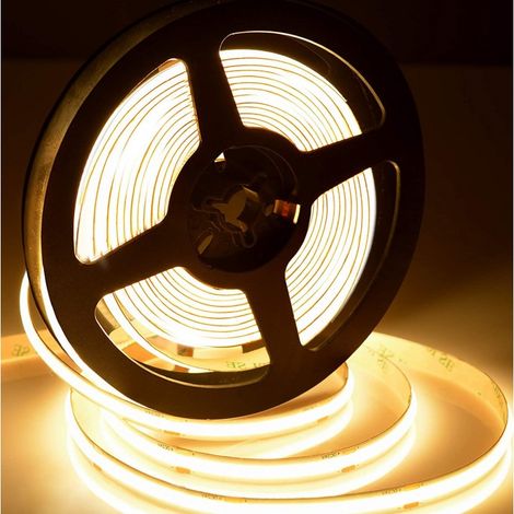 Ruban led 5M COB 12V blanc chaud 3000K adhésive transformateur et fixations fournies