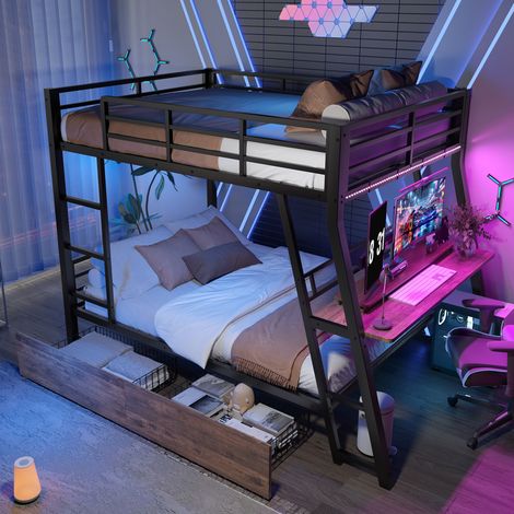 Cama Alta 140×200 cm, Cama Doble con LED Regulable, 2 Cajones, Barandilla y Escritorio, sin Colchón, de Metal, Negro (1/5)