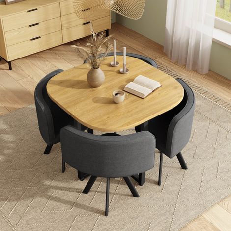 Ensemble repas 5 pièces avec table 85x85x74 cm effet chêne 4 chaises grises en lin mousse 25D gain de place cuisine moderne compacte