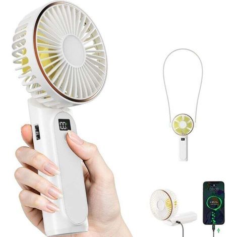 Tragbarer, faltbarer Ventilator mit 180° Schwenkbereich, LCD-Display, extrem leise, 4000-mAh-Akku, inklusive Netzkabel – weiß (1/4)