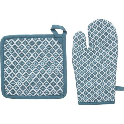 Gant + Manique imprimés 100% Coton - Bleu canard (1/4)
