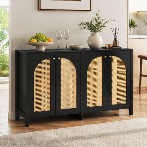MEUBLIV Aparador negro 145 x 80 x 40 cm de 4 puertas efecto ratán con estante ajustable (1/5)