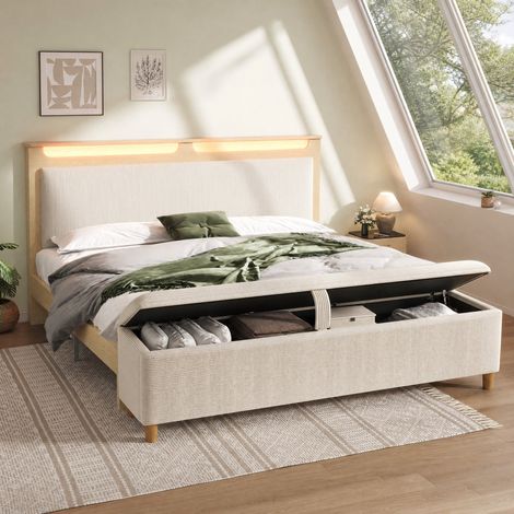 Lit adulte 140x200 LED avec banc coffre beige HAVRYA (1/5)