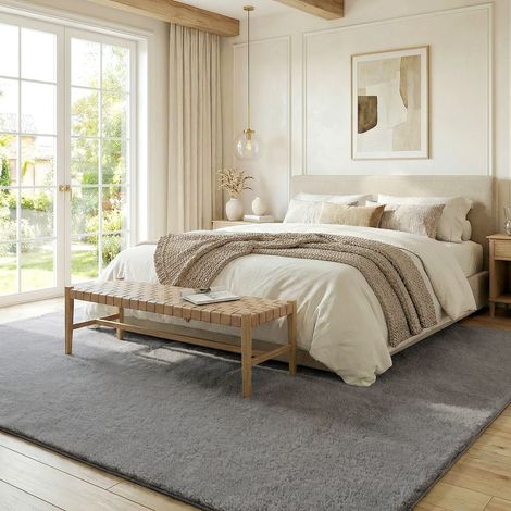 Tapis salon 160x120cm, poils longs lavable en machine antidérapant, fausse fourrure, gris clair