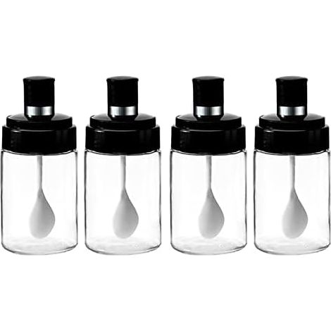 Set di 4 barattoli per spezie in vetro trasparente con cucchiaini, coperchi neri, 283 ml (10 oz), ideali per la casa e la cucina (4)