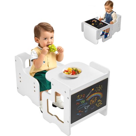 VEVOR Ensemble Table et Chaises pour Diversification Alimentaire Enfants, Mobilier pour DME en Bois avec Tableau Noir, Table de Sevrage Hauteur Reglable, pour Dessiner Lire Manger, Tout-petits, Blanc