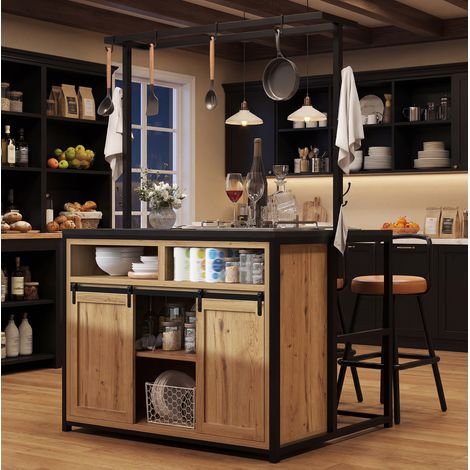 Armadio da cucina 107x62x183 cm effetto legno in MDF e metallo con prese integrate e ripiani sospesi (1/5)