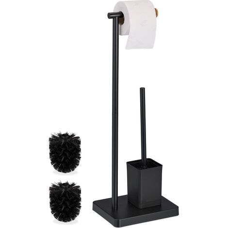 Serviteur WC, HxLxP : 66,5x23x18 cm, Support Papier Toilettes, Brosse et Porte-Brosse, Acier Inoxydable, Noir (1/5)