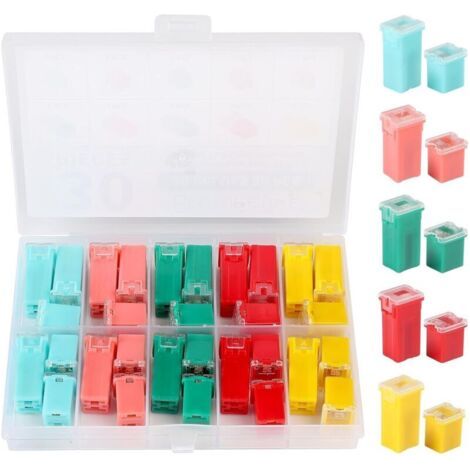 30pcs Jcase Fusible Assortiment 20A 30A 40A 50A 60A, Tall/Low Profile Fusibles en Forme de Boîte 32VDC/58VDC pour Voiture Camions SUV, Camping-Cars, Pick-Ups