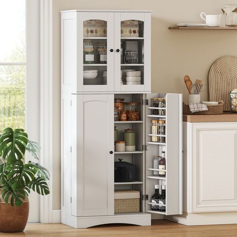 Buffet haut cuisine. vaisselier vitrine en acrylique. 4 portes. 10 compartiments. 8 porte-racks. 60 x 40 x 162 cm. blanc