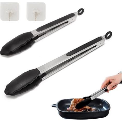 2 Pinces cuisine, Acier inoxydable, Embouts silicone, Résistant chaleur, Barbecue, Buffet, Pique-nique
