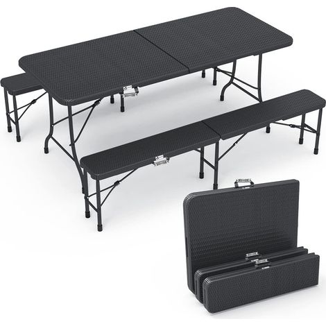 Ensemble Table Pliante et Bancs Pliables Camping 180cm HDPE Style Polyrotin 8 Places Fonction Portable Convient pour la Terrasse, Le Camping, Le Jardin, Table de Pique-Nique Noir (1/5)