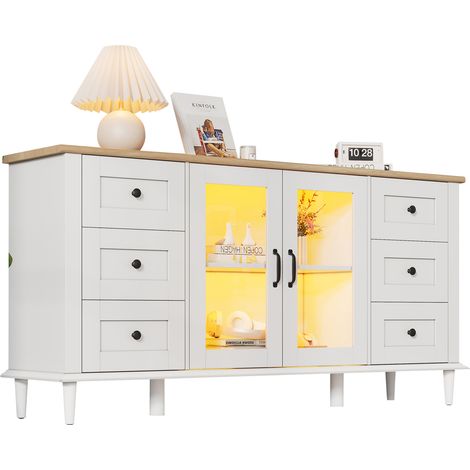 Buffet de salon blanc et bois avec 2 portes en acrylique, 6 tiroirs, LED, grand rangement pour salle à manger et canapé, MDF robuste – CHICFURN (1/5)