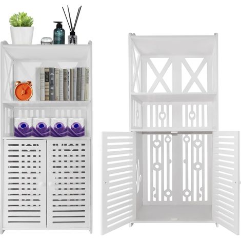 Armoire de salle de bain armoire inférieure-armoire de rangement au sol pour salle de bain, avec portes doubles et étagère à 3 niveaux-espace de rangement pour serviettes, cosmétiques et produits de n (1/5)