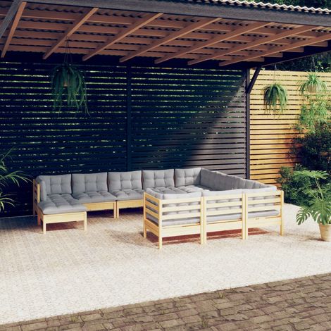 The Living Store -  Salon de jardin 11 pcs avec coussins gris bois de pin (1/5)