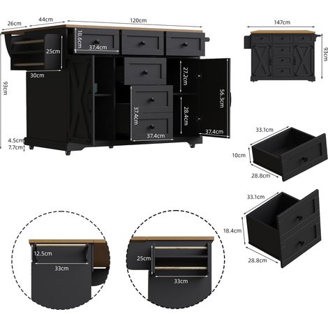 Îlot de cuisine haut de gamme, desserte multifonctionnelle en bois avec grand espace de rangement, buffet mobile, chariot de cuisine pour salle à manger, salon, cuisine, noir (1/5)