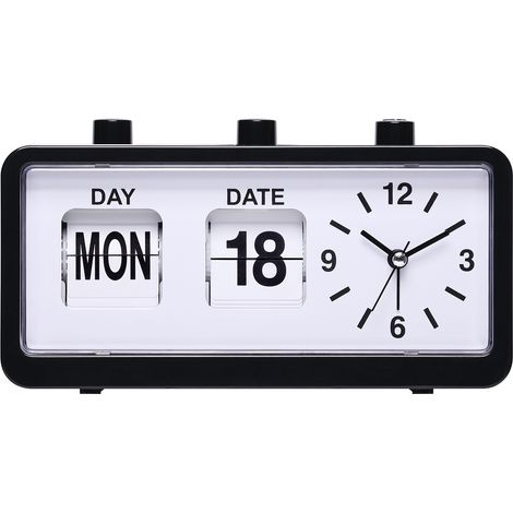 Radio-réveil manuel noir avec calendrier et affichage à saut de vitesse, stable sur table – Idéal pour le bureau et la maison (1/3)
