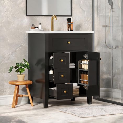 Meuble vasque salle de bain 61 cm laqué noir brillant 4 tiroirs (1/5)
