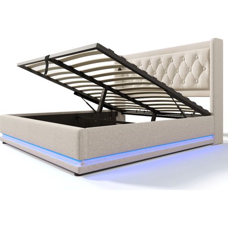 Letto contenitore matrimoniale 140 x 200 cm in cotone beige, testiera capitonné, LED e USB Type-C (1/5)