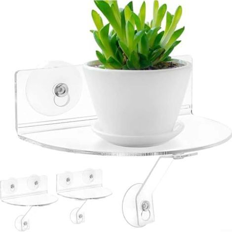 Lot de 2 étagères en acrylique transparent. conçues pour être fixées à une fenêtre à l'aide de ventouses et de supports. et destinées aux plantes d'intérieur ainsi qu'aux objets du quotidien. (1/4)